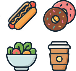 Illustrated Food Icons Featuring Hotdog Doughnuts Salad and Coffee To Go