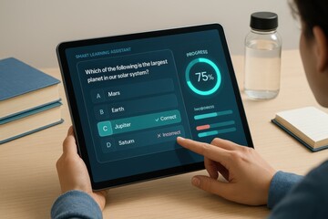 Student answering quiz on tablet with smart learning assistant and real-time progress tracking interface
