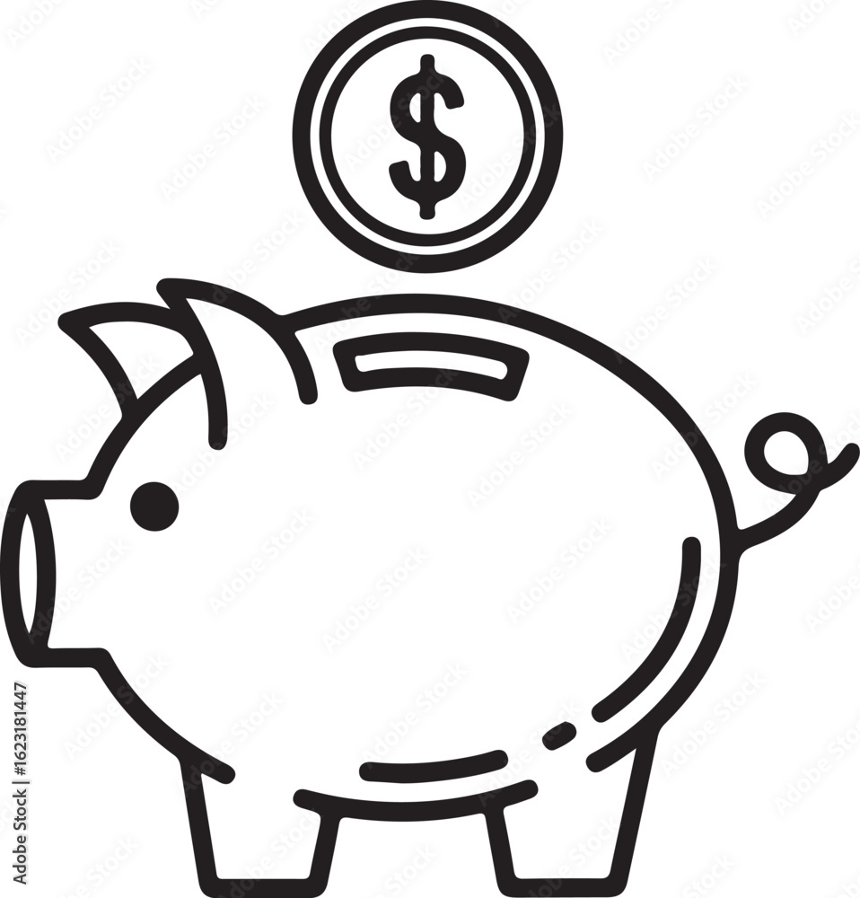 Poster simple outline drawing of a piggy bank with a coin dropping in