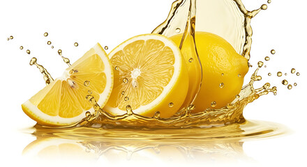 Freshly cut lemons with a vibrant splash of juice, creating a dynamic and refreshing visual.
