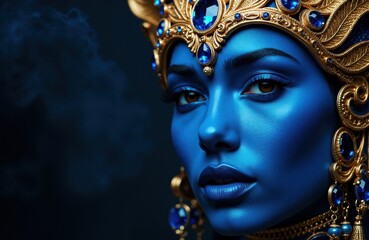Woman with blue face paint wearing ornate gold and blue jewelry and headpiece