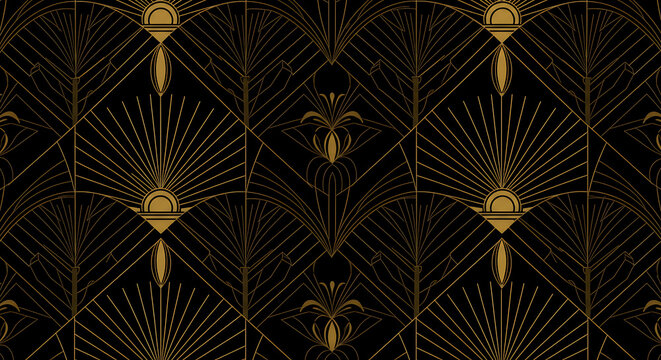 Fototapeta Elegant Art Deco Pattern with Gold Geometric Elements on Black Background