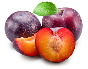 Ripe chinese plums with green leaf and plum slice isolated on white background. File contains clipping paths.