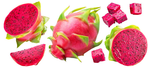 Set of dragon fruits and dragon fruit slices isolated on white background. File contains clipping paths.