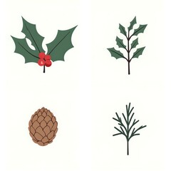 Seasonal botanical elements featuring holly and pine