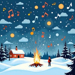 A cozy winter night by the campfire with musical notes in the air