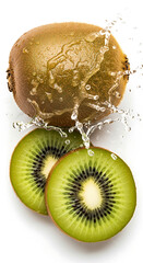 Fresh kiwi fruit with water splashes, showcasing its vibrant green and golden hues.