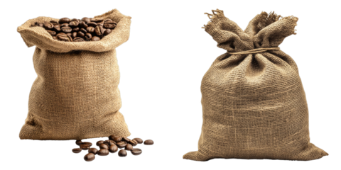 set of burlap coffee bag isolated on transparent background