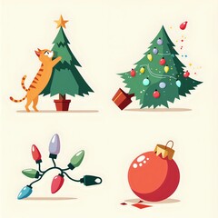 Playful cat with christmas trees and ornaments