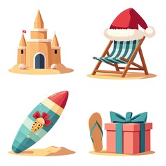 Festive beach scene with sandcastle, surfboard, and gifts