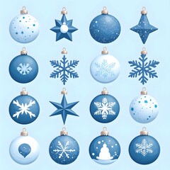 Collection of blue winter themed ornaments in various designs