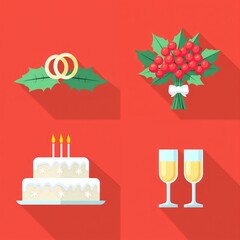 Joyful celebration  rings, cake, and toasts on a bright background