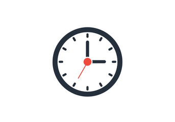 Illustration of a simple clock with a black border and red second hand showing three o clock on a white background