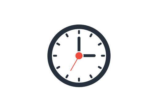Illustration of a simple clock with a black border and red second hand showing three o clock on a white background