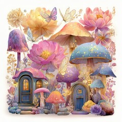 A delightful arrangement of whimsical mushrooms and vivid flowers creates a magical fairy garden. Soft pastel colors blend beautifully. This enchanting scene encourages creativity in design