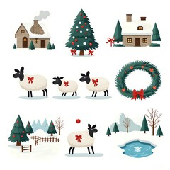 Charming winter scene with festive elements and sheep