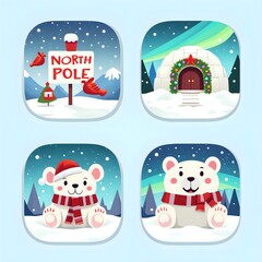 Charming winter scene with polar bears and north pole elements