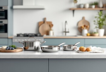 Stainless steel cookware set on a marble countertop in a kitchen.