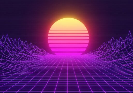 Retro futuristic synthwave landscape with sun and grid background design
