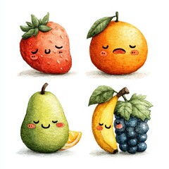 This charming collection showcases watercolor fruits with cute faces including strawberries oranges bananas and grapes creating a playful atmosphere perfect for kids’ designs