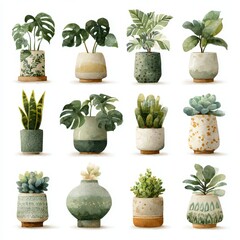 Explore a captivating assortment of watercolor houseplants including monstera pothos and succulents