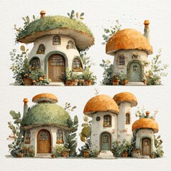 Explore a delightful collection of whimsical mushroom houses each adorned with charming windows doors and mossy roofs. Ideal for adding a touch of fantasy to your creative projects