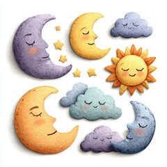 Delight in a watercolor clipart collection showcasing whimsical sleepy suns crescent moons and fluffy clouds all set against a bright white background