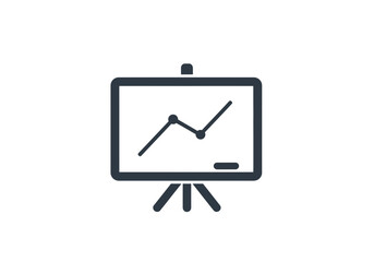 Presentation board displaying a line graph with an upward trend on a tripod stand in dark blue color
