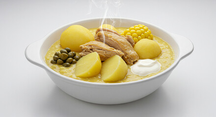 A white ceramic bowl of ajiaco santafereño with tender chicken, three types of potatoes, corn on the cob, and a dollop of capers and cream on the side. The steam rises slightly, emphasizing its warmth