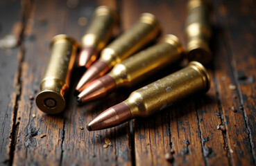 Obraz premium Bullets of ammunition lying on a wooden surface with a rustic appearance