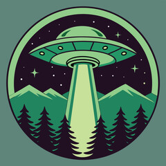 Retro UFO Abduction Scene over Mountainous Forest at Night © Sadhin07
