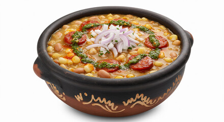 A rustic clay pot filled with thick locro — a traditional Andean stew made with white corn, beans, beef, and chorizo. Garnished with fresh chopped onions and a drizzle of spicy chimichurri criollo.