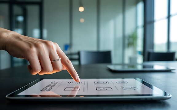Close-up of a woman's finger touching a tablet screen displaying various icons in a modern office setting