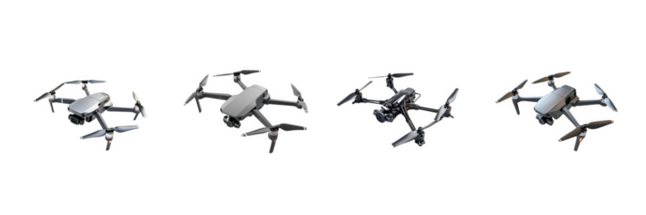 A set of diagonal-view drones with cameras and extended propellers – isolated PNG for tech branding and digital product mockups