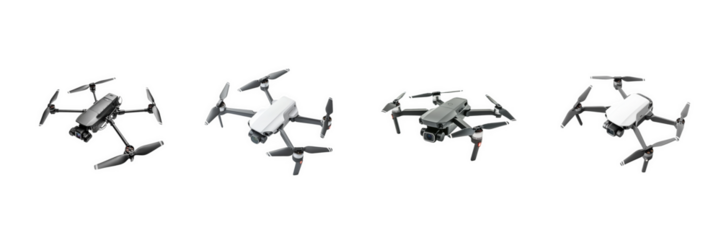 A set of compact drones with extended propellers and built-in cameras – isolated on transparent background for tech and aerial visuals