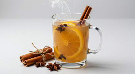 A warm glass mug of canelazo, a traditional Ecuadorian hot beverage made with cinnamon, naranjilla (or orange), cloves, and aguardiente. Served with a cinnamon stick and citrus slice.