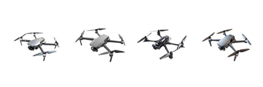 A set of diagonal-view drones with cameras and extended propellers – isolated PNG for tech branding and digital product mockups