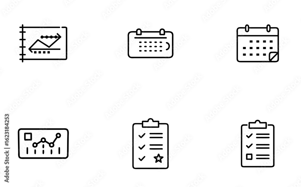 Aufkleber set of six simple icons featuring charts calendars and checklists
