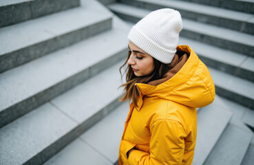 Fototapeta premium Woman in yellow jacket and white knit hat standing on outdoor stairs
