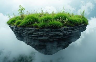 Floating island with lush green grass and small plants in a surreal sky setting