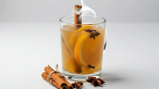A warm glass mug of canelazo, a traditional Ecuadorian hot beverage made with cinnamon, naranjilla (or orange), cloves, and aguardiente. Served with a cinnamon stick and citrus slice.