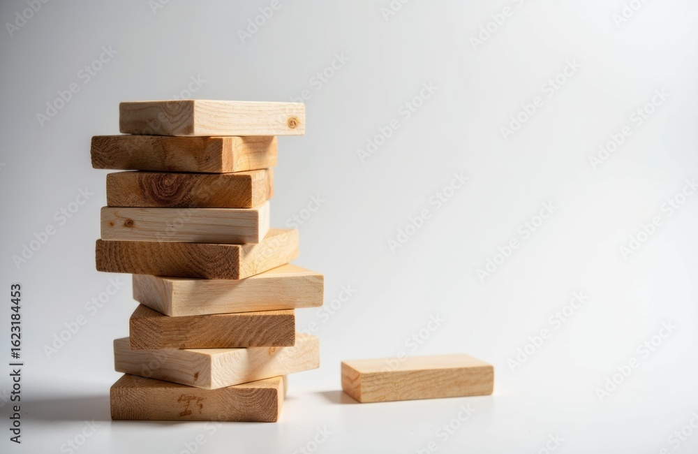Poster stack of wooden blocks arranged in a tower with one block lying on the surface beside it