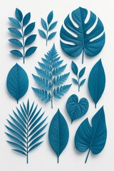 Fototapeta premium A collection of various blue tropical leaves and foliage arranged on a white background