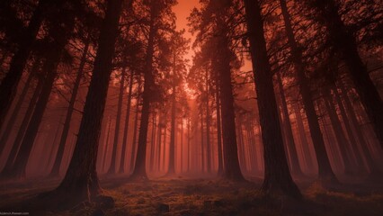 Mysterious Red Forest Atmosphere with Sunlight Shining Through Tall Trees