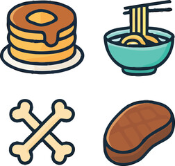 Cartoon Style Food Icons Pancakes Noodles Bones and Steak Illustration