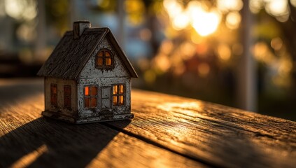 Naklejka premium Miniature house on weathered wooden table, bathed in golden sunset light