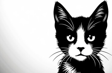 Obraz premium Black and white illustration of a cat with detailed fur and piercing eyes on a plain background