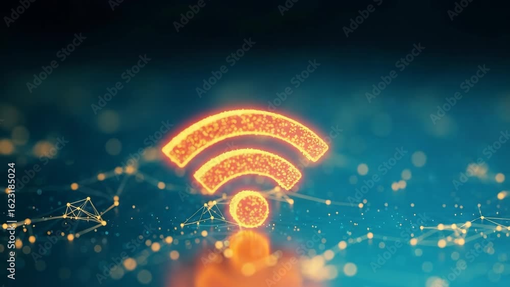 Poster a vibrant and glowing wi-fi symbol illuminated against a dark blue background surrounded by abstract