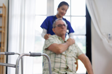 Help, support and wheelchair with nurse and old man for disability, rehabilitation and healing....
