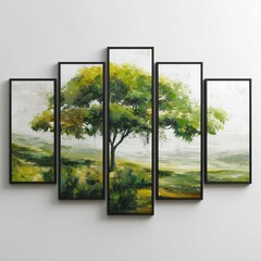 Four-panel landscape painting of a solitary tree